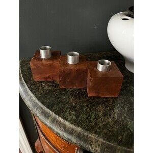 Mid Century Modern Wood & Metal Candle stick holder Cubist Sculptural MCM